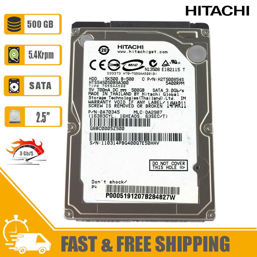 Hitachi (SATA) 2.5" Internal HD 500GB 5400rpm HDD 0A70345 HTS545050B9A300