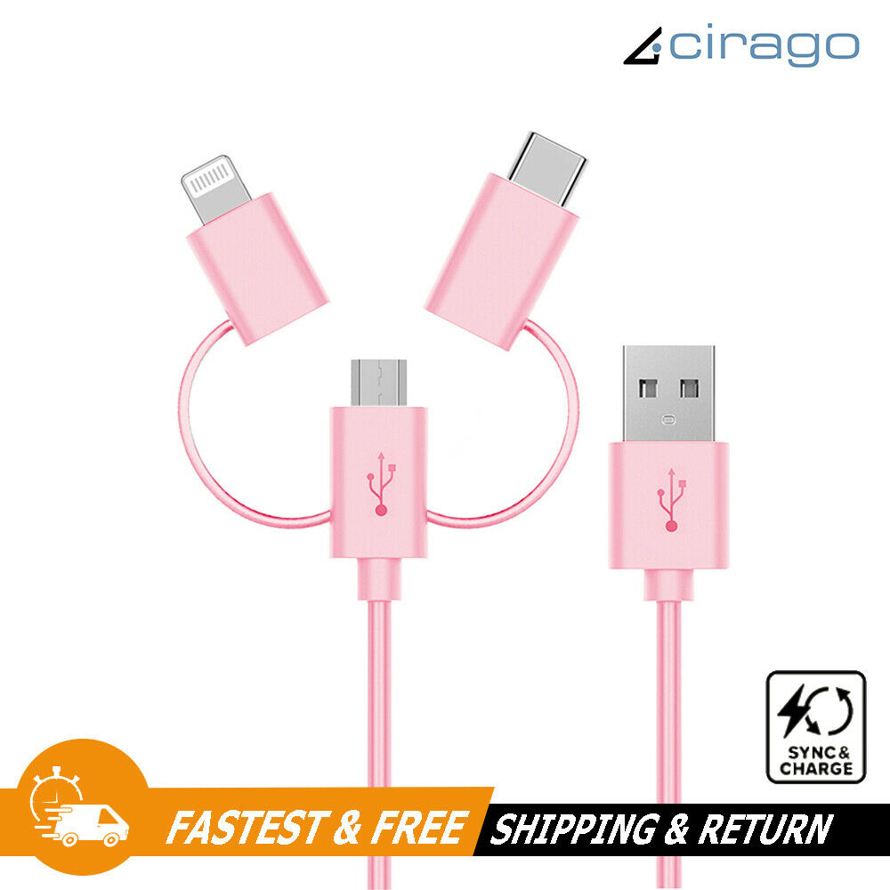 Cirago 4Ft 3 in 1 Sync/Charge Cable with Lightning, USB-C, Micro USB Connectors