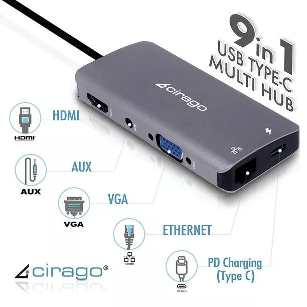 Cirago USB C Dual Hub 9-in-1 Laptop Docking Station, Multiport Adapter, HDMI 4k, 3.0