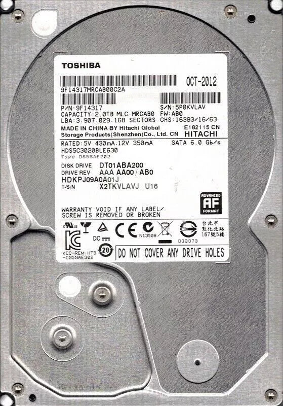 Toshiba (SATA) 2TB DT01ABA200 3.5" Internal Hard Drive 5700 RPM 32MB for Desktop