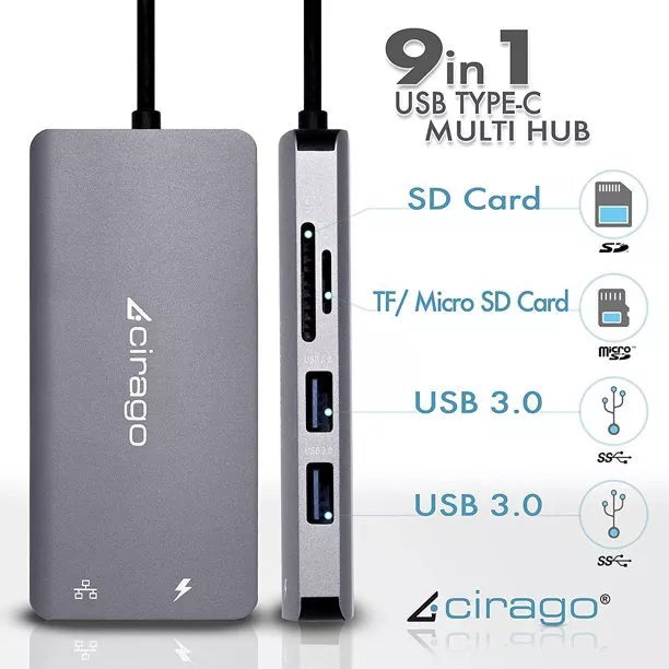 Cirago USB C Dual Hub 9-in-1 Laptop Docking Station, Multiport Adapter, HDMI 4k, 3.0