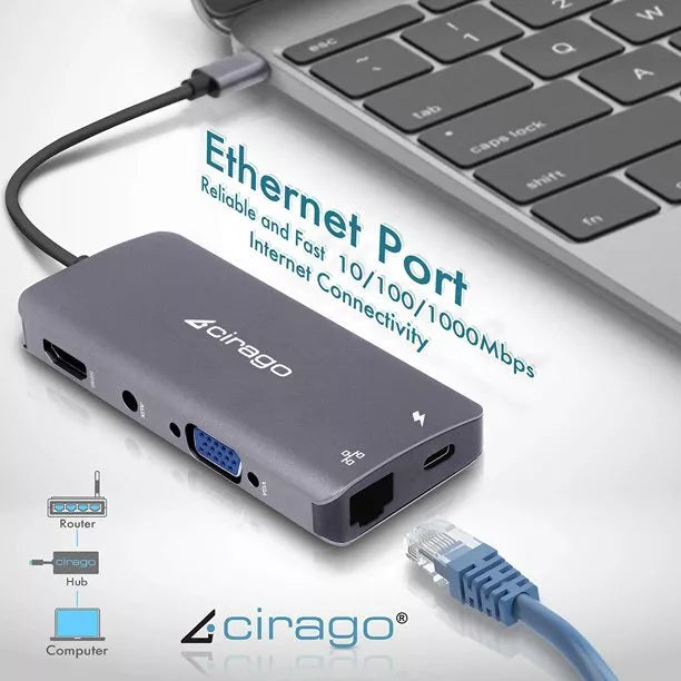 Cirago USB C Dual Hub 9-in-1 Laptop Docking Station, Multiport Adapter, HDMI 4k, 3.0