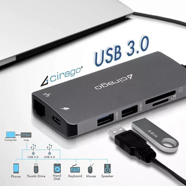 Cirago USB C Dual Hub 9-in-1 Laptop Docking Station, Multiport Adapter, HDMI 4k, 3.0