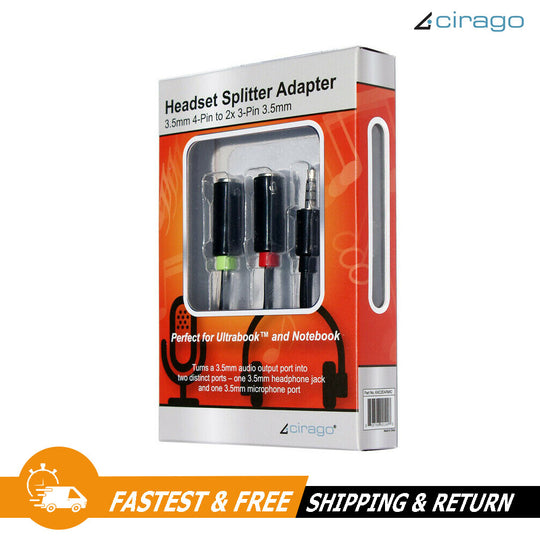 Cirago 3.5mm Stereo Audio to Female Headset & Mic TRRS Y Splitter Cable Adapter