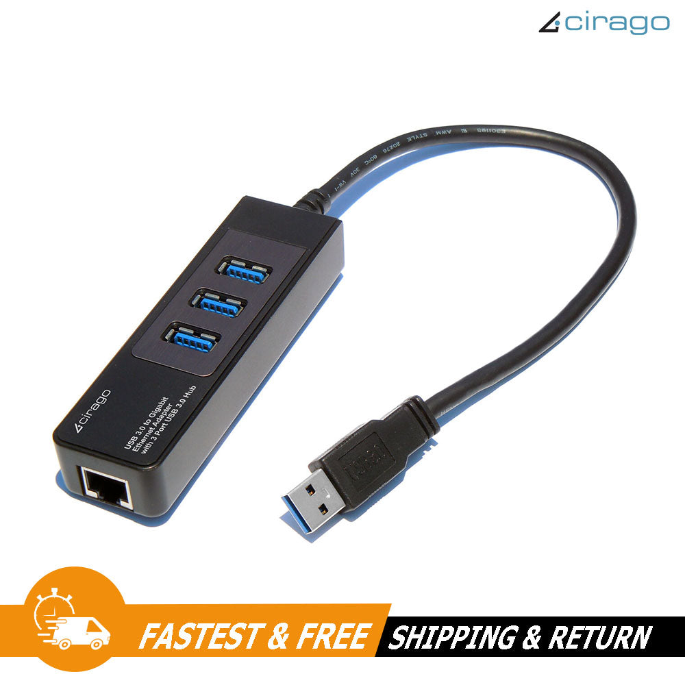 Cirago Gigabit Ethernet LAN Wired Network Adapter with 3 Port USB 3.0 USB Hub