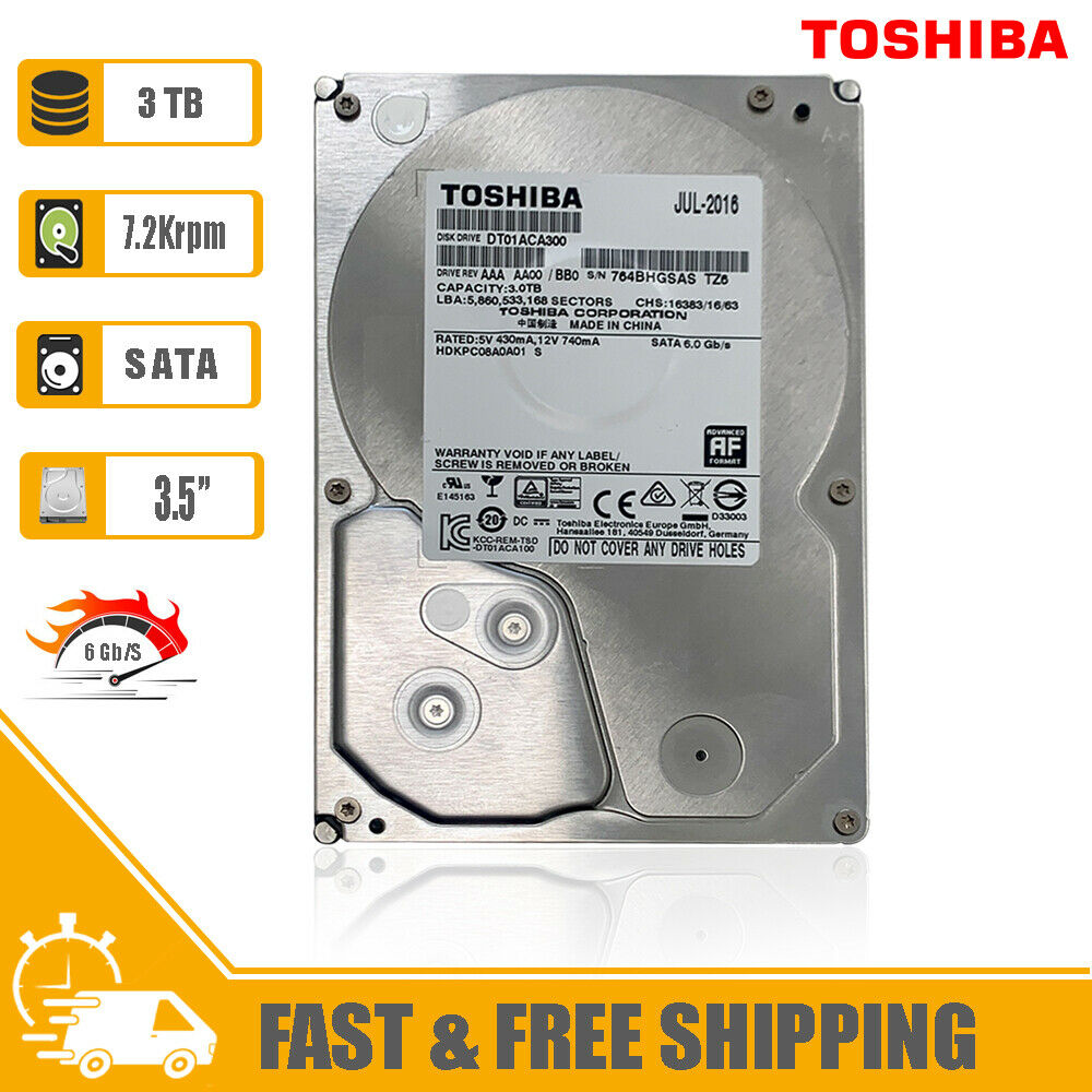 Toshiba 3.5" Internal Hard Drive 3TB 7200rpm SATA 6Gb/s HDD for PC, DT01ACA300
