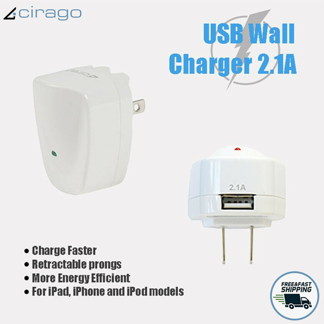 Cirago 5V AC Power USB 2.1A Home Wall Charger Adapter Plug For iPhone/iPad/iPod