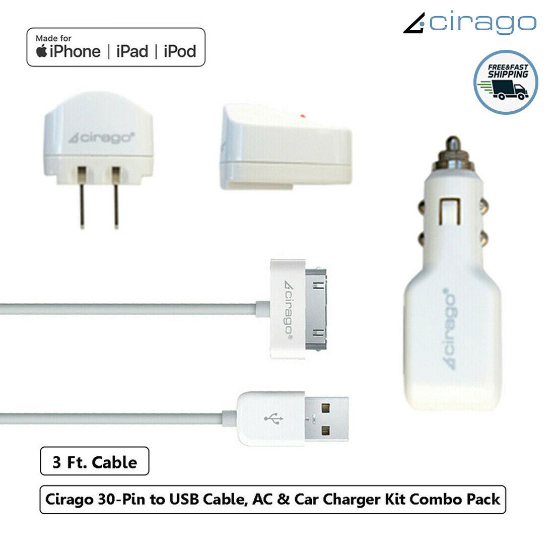 Cirago 1Amp Car & Wall Charger Kit with 3ft 30-Pin to USB Cable Combo Pack White