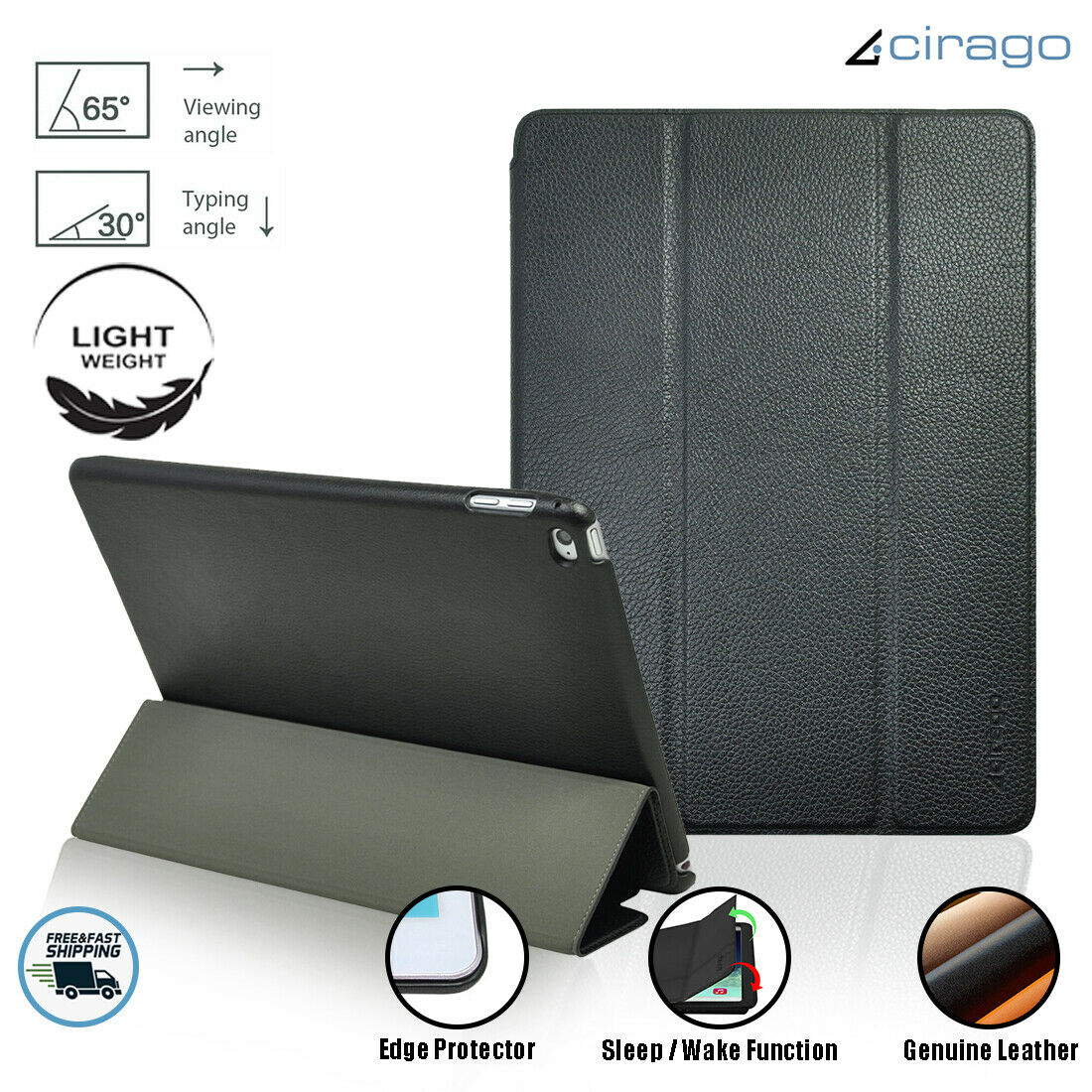 Cirago Leather Case for iPad Air 2 Smart Cover Stand with Auto Sleep/Wake, Black