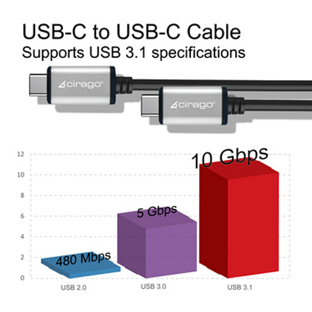 Cirago USB-C to Type-C Cable 3 Ft Sync/Transfer Data, Reversible USB-C Connector