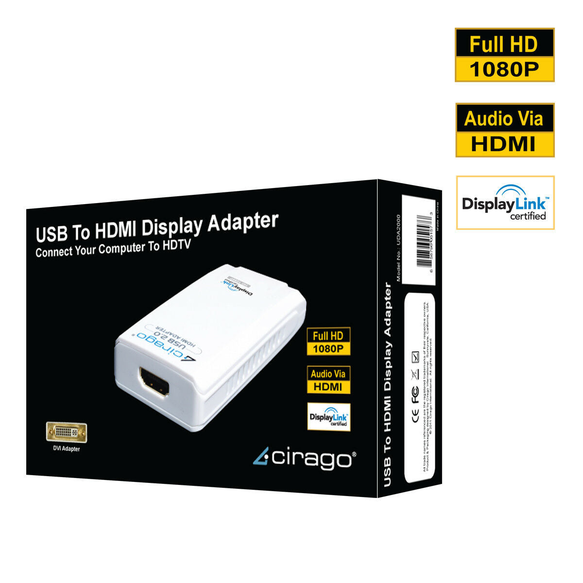 Cirago USB to HDMI or DVI Display Adapter DisplayLink Certified Plug and Play