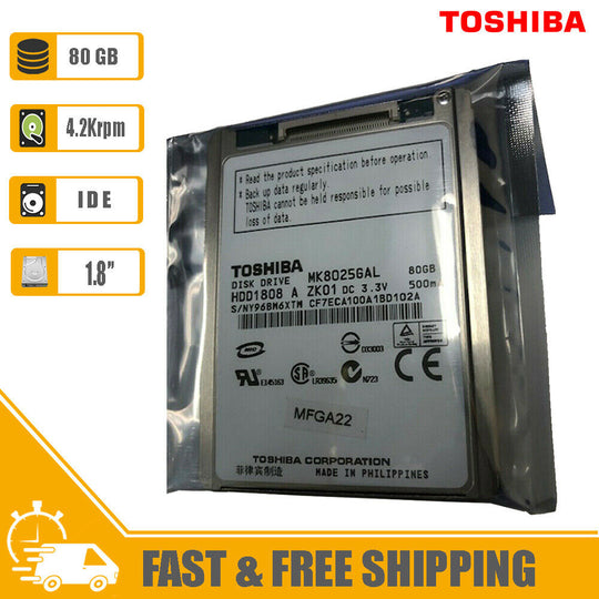 Toshiba 1.8" Laptop Internal Hard Drive 80GB 4200rpm IDE HDD, HDD1808 MK8025GAL