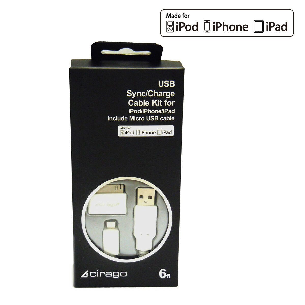 Cirago 6Ft Certified Micro USB Sync/Charge Cable Kit for Apple & Android Device