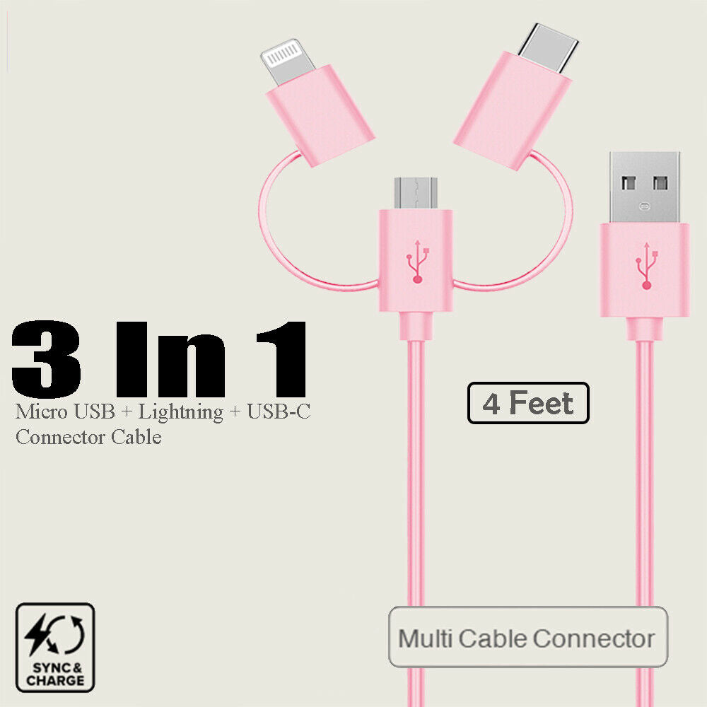 Cirago 4Ft 3 in 1 Sync/Charge Cable with Lightning, USB-C, Micro USB Connectors