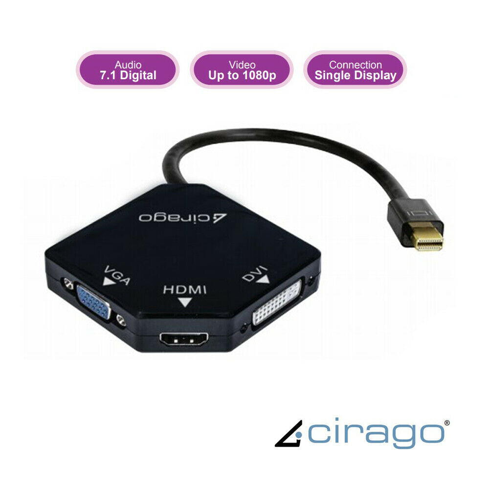 Cirago 3-in-1 Mini Display Port DP to HDMI/DVI/VGA Cable Adapter Converter Black