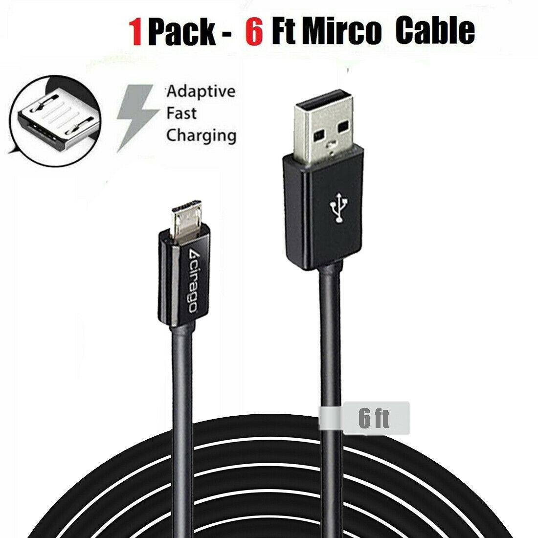 Cirago Universal 6ft USB to Micro USB Male Data Sync/Charging Cable for Samsung