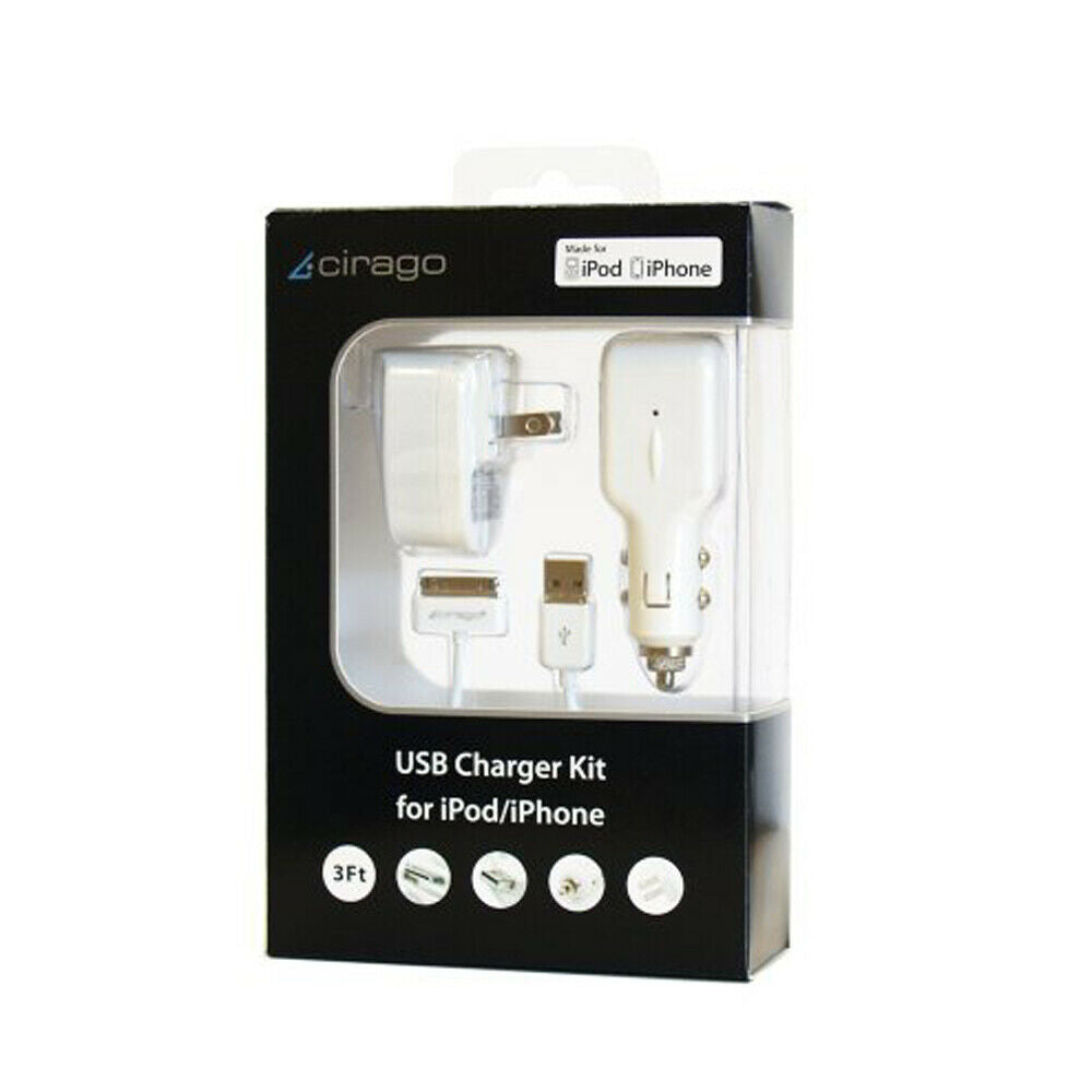 Cirago 1Amp Car & Wall Charger Kit with 3ft 30-Pin to USB Cable Combo Pack White