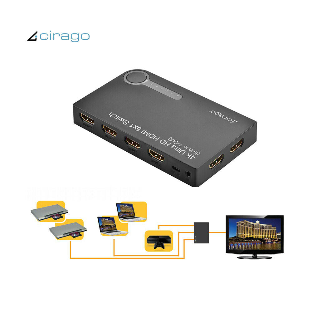 Cirago 4K Ultra HD HDMI 5x1 Switch IR Remote Control Digital Audio Plug and play