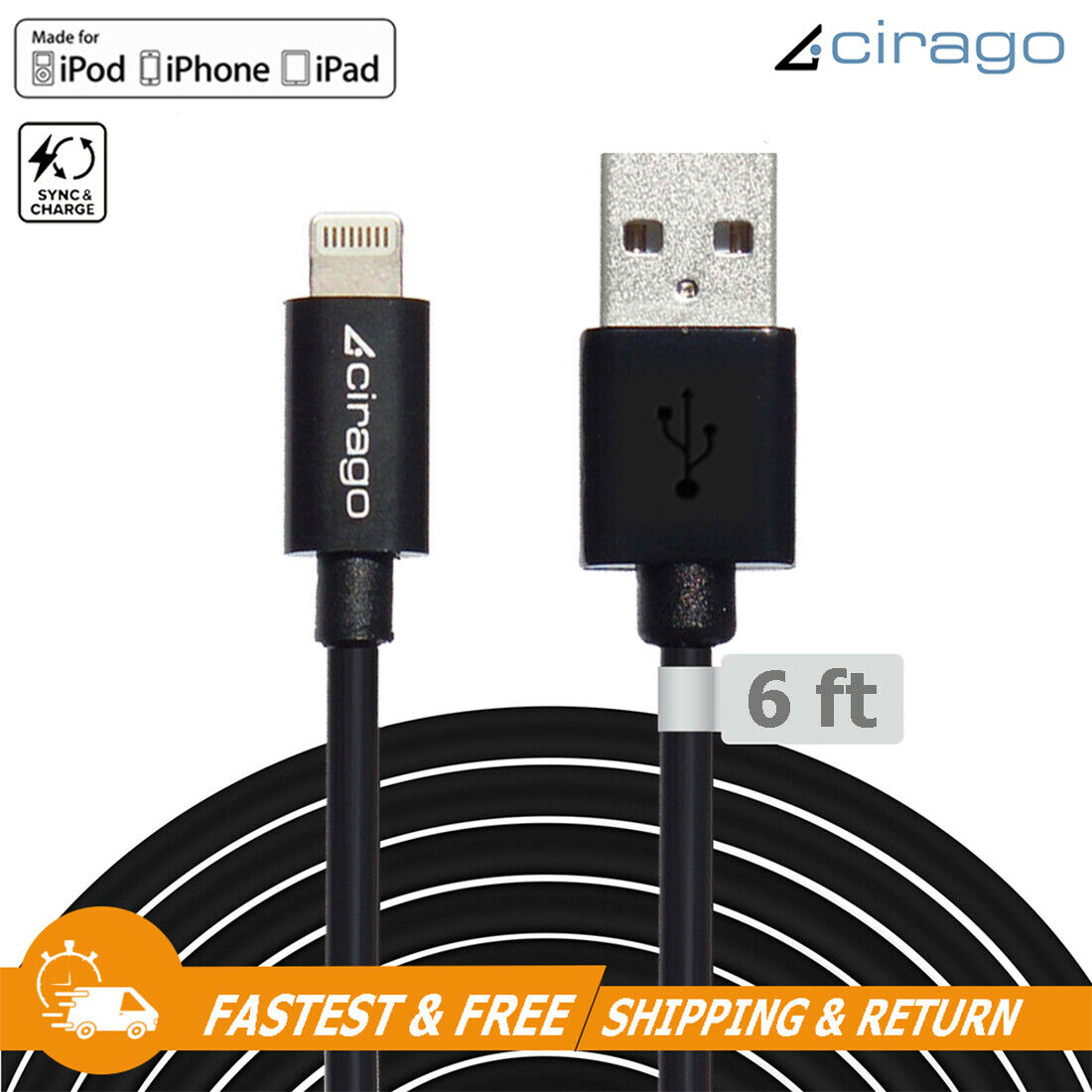 Cirago MFi Certified 6ft Lightning to USB Sync / Charging Data Cable for Apple