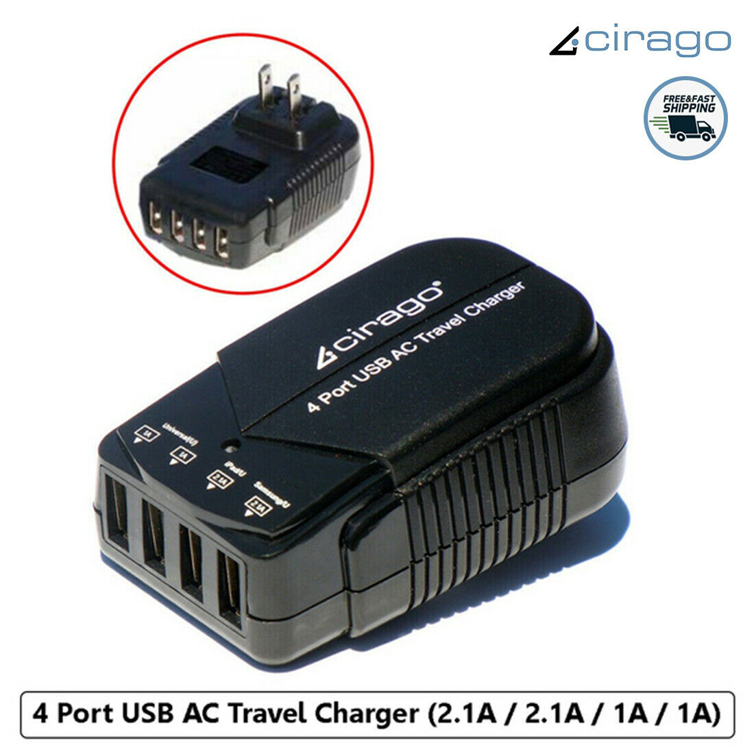 Cirago 4 USB Ports Portable Wall Charger Home & Travel Size 5V AC Adapter, Black