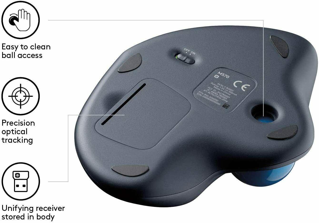 Logitech M570 Wireless Laser Trackball Ergonomic Mouse for PC & Mac, 910-001799