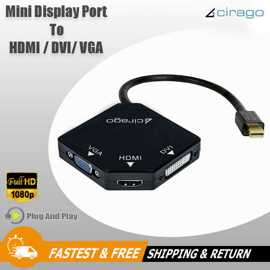 Cirago 3-in-1 Mini Display Port DP to HDMI/DVI/VGA Cable Adapter Converter Black
