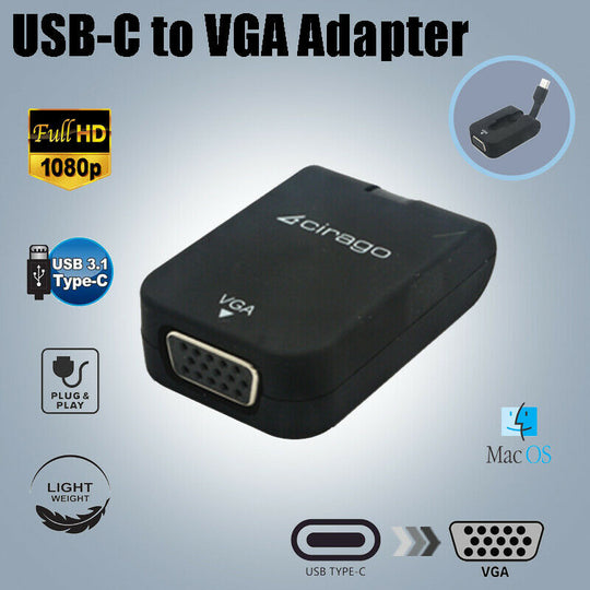 Cirago USB-C To VGA Mini Cable Adapter HD Video Converter USB 3.1 for MacBook
