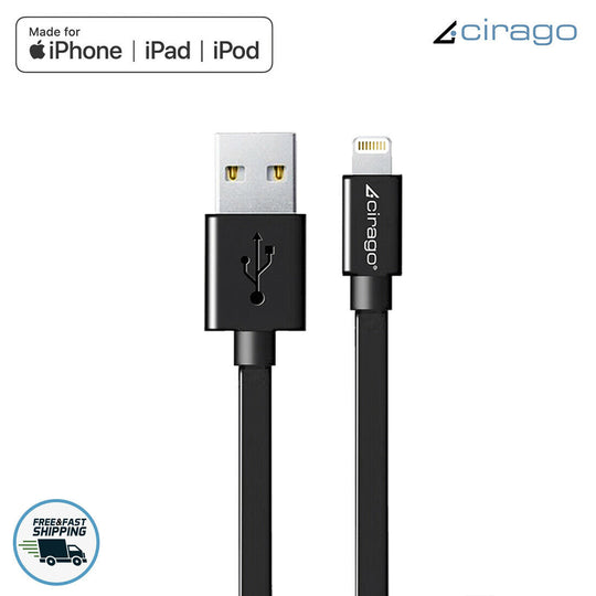 Cirago 6Ft Flat Lightning Sync/Charging USB Cable MFi Certified for Apple, Black