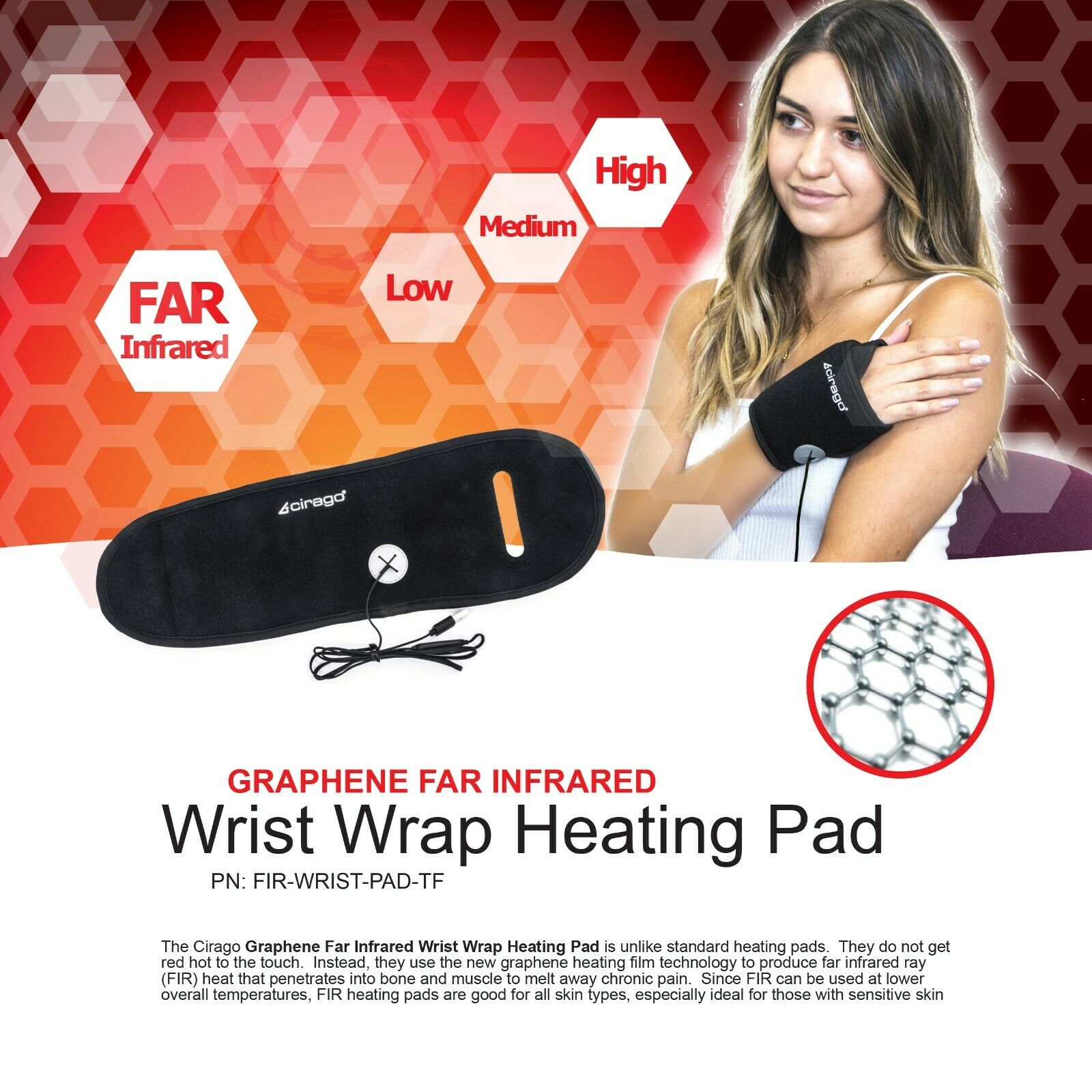 Ciargo Graphene Far Infrared Wrist Wrap Heating Pad for Pain Relief, 3 Modes