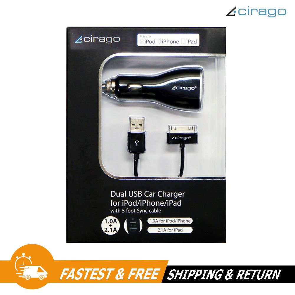 Cirago Dual USB Car Charger Plug Kit with 30-Pin to USB 5ft Cable MFi Certified