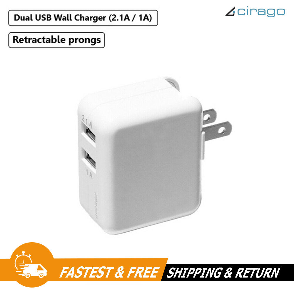 Cirago 5V Dual USB Portable Wall Charger Retractable Prongs AC Power Adapter