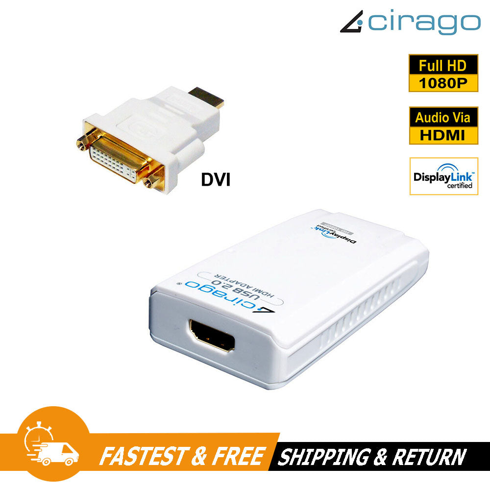 Cirago USB to HDMI or DVI Display Adapter DisplayLink Certified Plug and Play