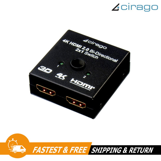 Cirago 4K Bi-Directional HDMI 2.0 HDCP 2x1 Switch Splitter Plug and play