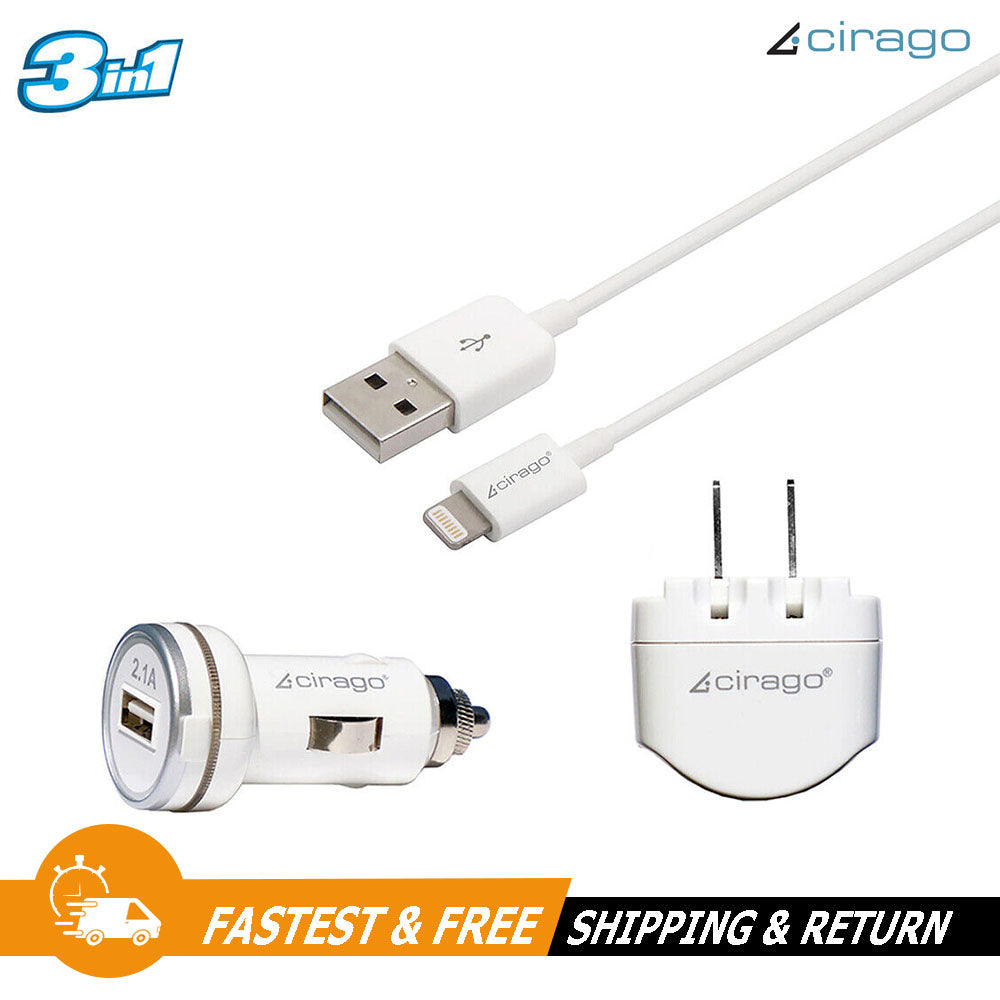 Cirago 5V USB Car Charger Kit & Wall Charger with 6ft Sync/Charger Cable, White